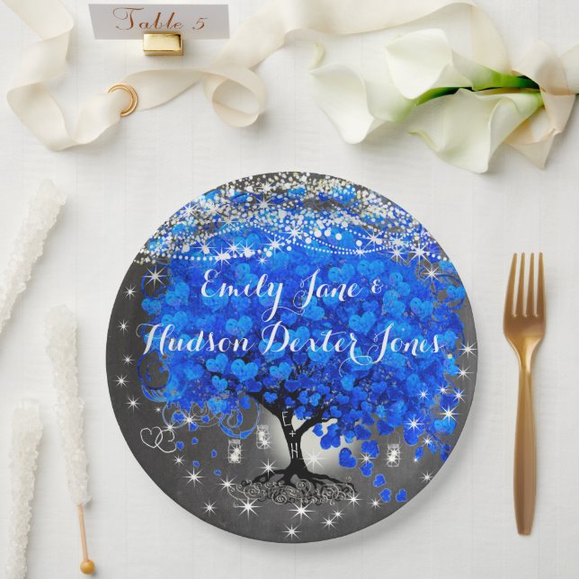 Chalkboard Mason Jar Blue Heart Leaf Firefly Paper Plates (Wedding)