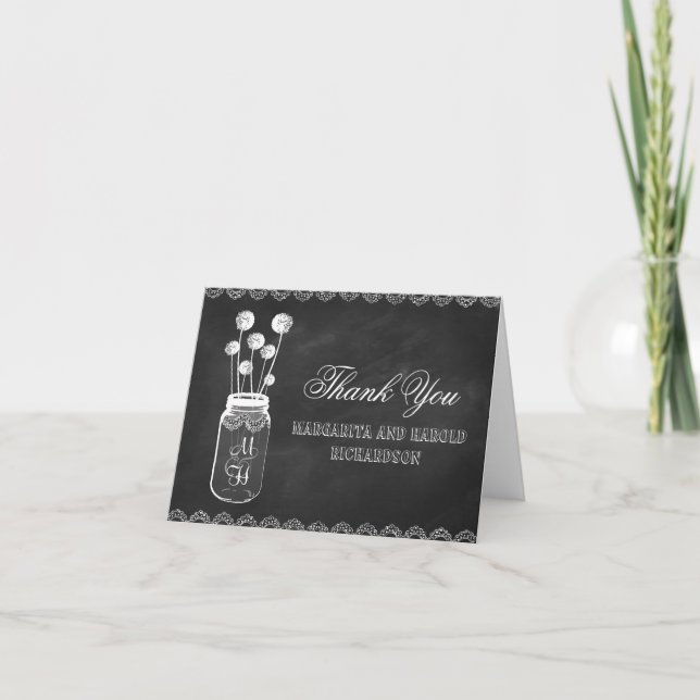 Chalkboard mason jar dandelions thank you cards (Front)