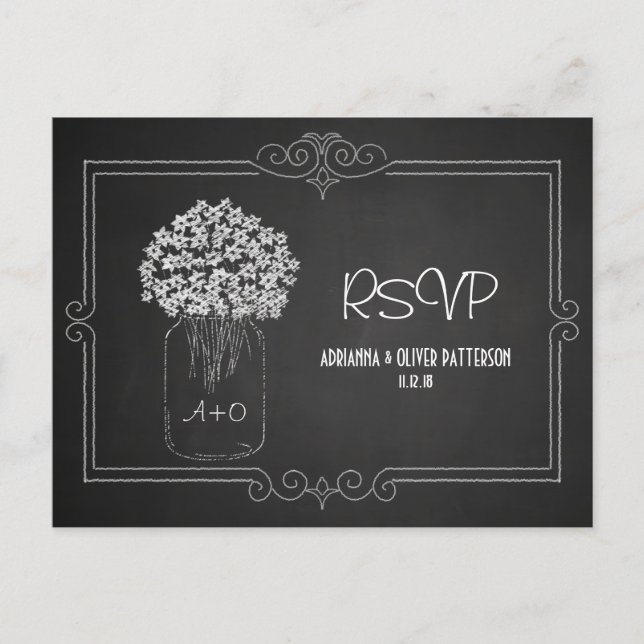 Chalkboard Mason Jar Flowers Wedding RSVP Invitation Postcard (Front)