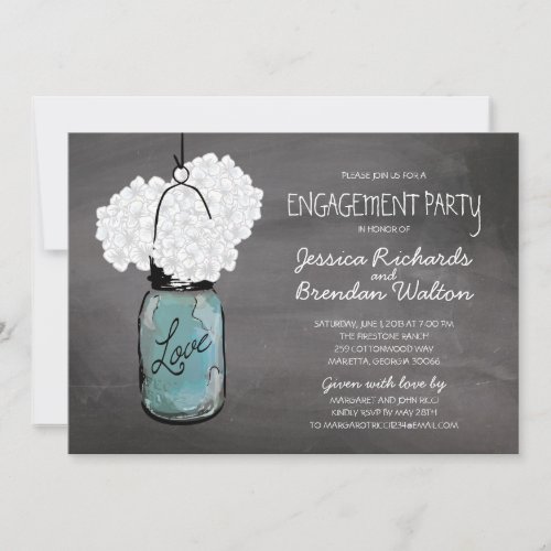 Chalkboard Mason Jar Hydrangeas  Engagement Party Invitation