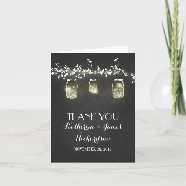 Chalkboard Mason Jar Lights Rustic Wedding Thanks Thank You Card | Zazzle