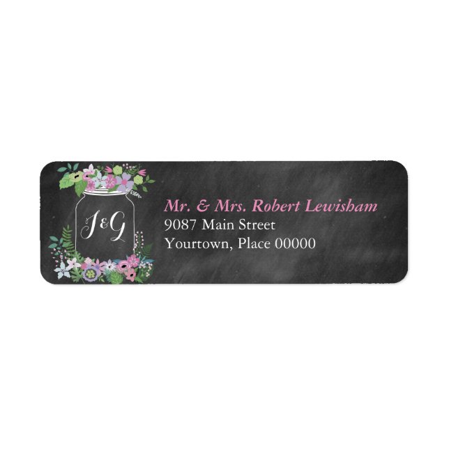 Chalkboard Mason Jar Pink Floral Wedding Label (Front)