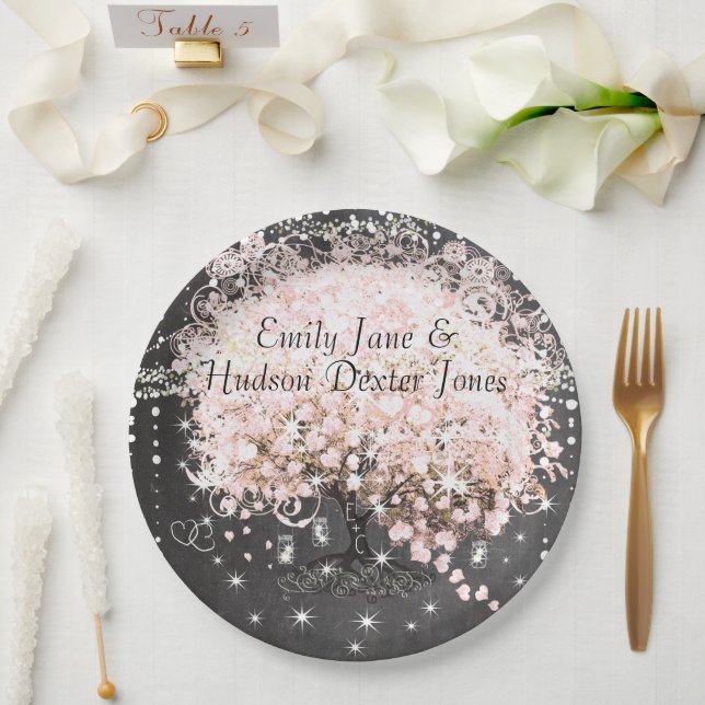 Chalkboard Mason Jar Pink Heart Leaf Firefly Paper Plates (Wedding)