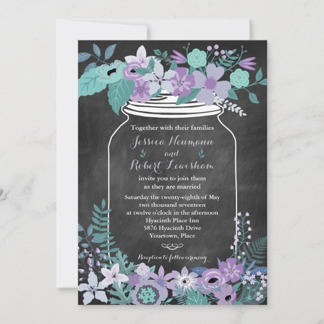 Chalkboard Mason Jar Purple Aqua Floral Wedding Invitation (Front)
