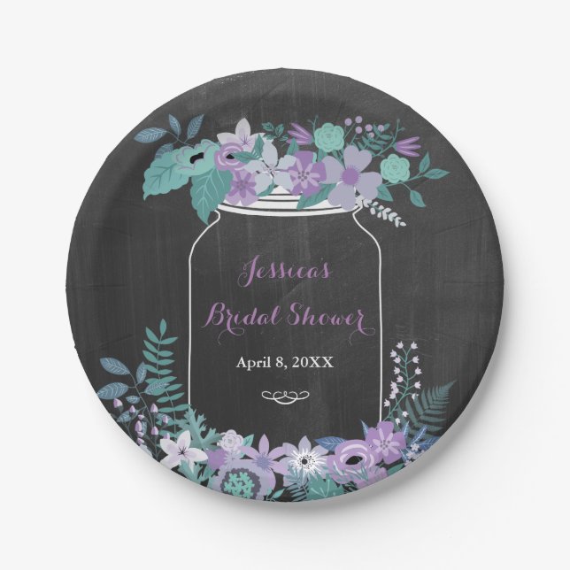 Chalkboard Mason Jar Purple Floral Bridal Shower Paper Plates (Front)