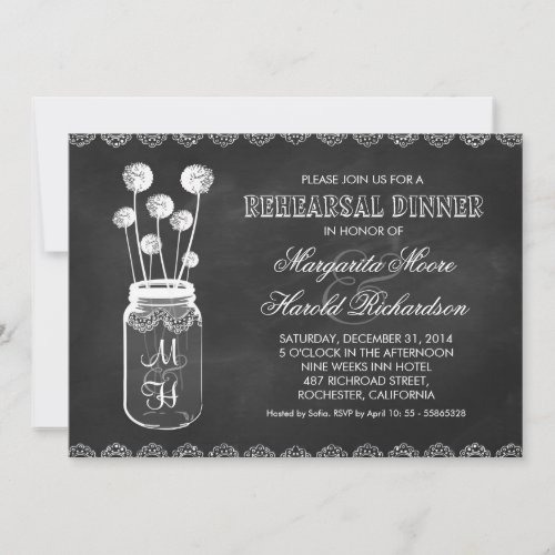 Chalkboard mason jar rehearsal dinner invitations