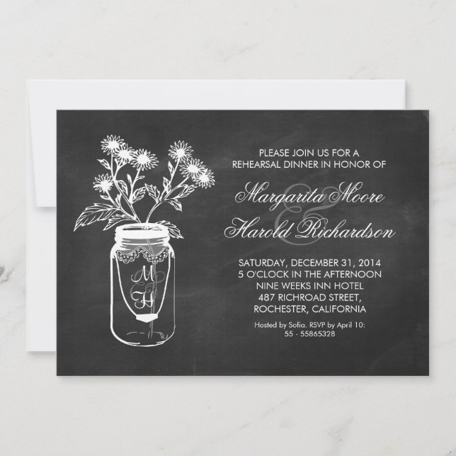 Chalkboard mason jar rehearsal dinner invitations (Front)