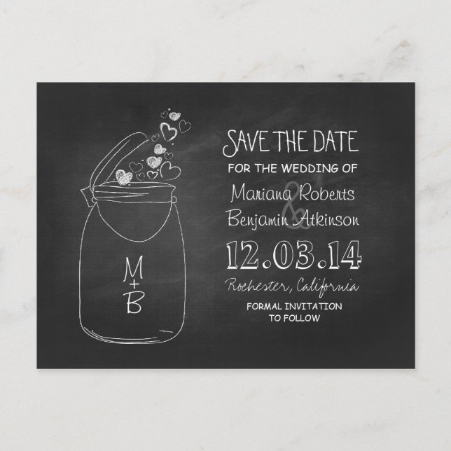 Chalkboard mason jar rustic black save the date announcement postcard (Front)