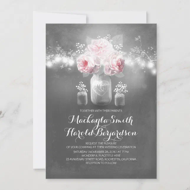 chalkboard mason jar rustic string lights wedding invitation | Zazzle