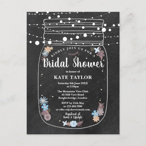 Chalkboard Mason Jar String Lights Bridal Shower Announcement Postcard