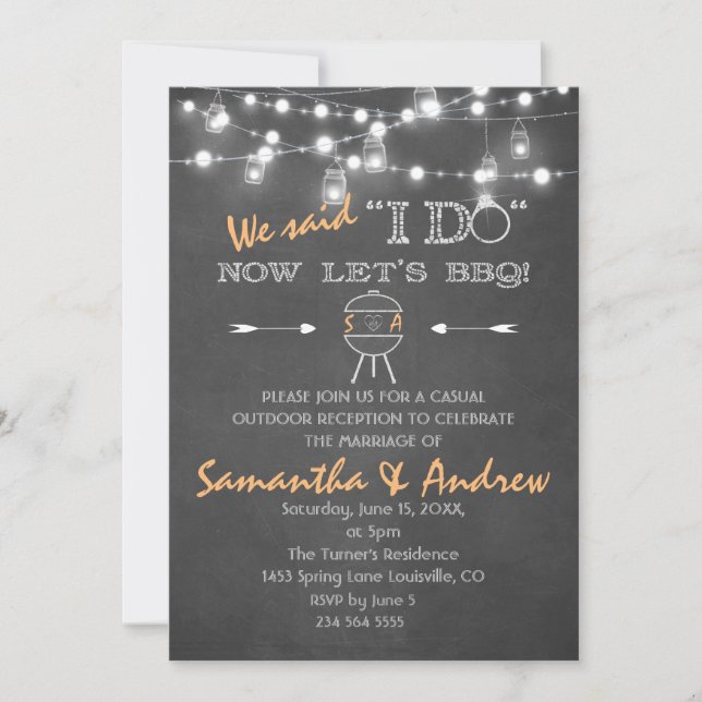 Chalkboard Mason Jars String Lights I DO BBQ Invitation (Front)