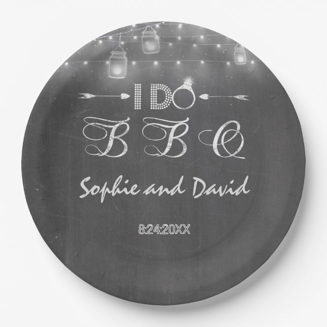 Chalkboard Mason Jars String Lights I DO BBQ Paper Plates (Front)