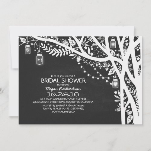 Chalkboard mason jars tree lights bridal shower invitation