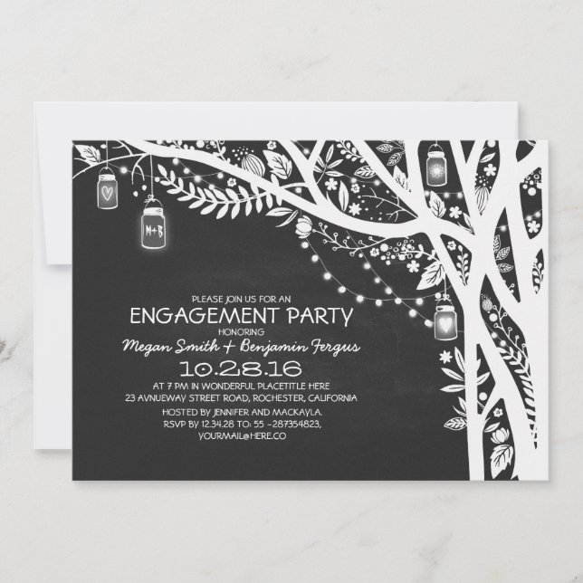 Chalkboard mason jars tree lights engagement party invitation (Front)