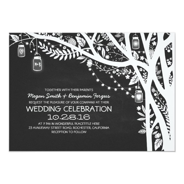 Chalkboard Mason Jars Tree String Lights Wedding Invitation