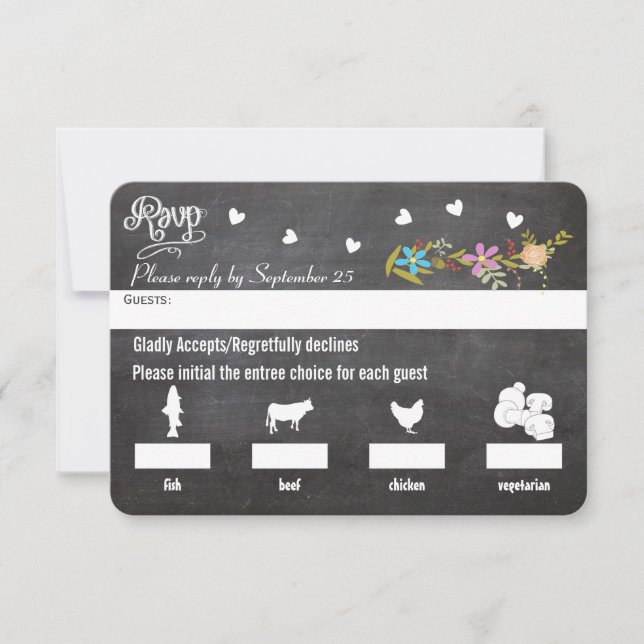 Chalkboard Menu Choice Floral Garland Wedding RSVP (Front)