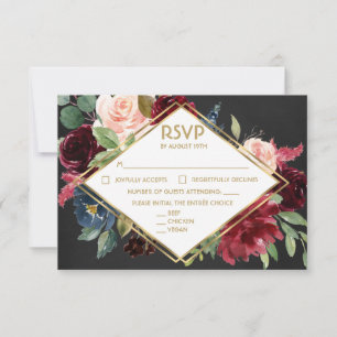 Chalkboard Merlot Blue Gold Floral Bouquet RSVP Card