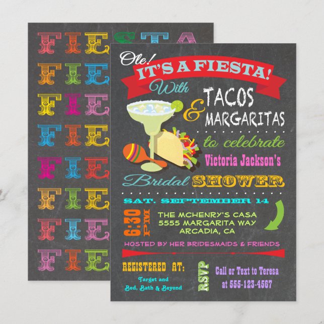 Chalkboard Mexican Fiesta Bridal Shower Invitation (Front/Back)
