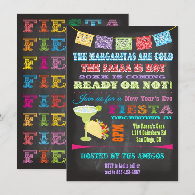 Chalkboard Mexican Fiesta New Year's Eve Party Invitation (Front/Back)