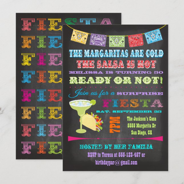 Chalkboard Mexican Fiesta Surprise Birthday Party Invitation (Front/Back)