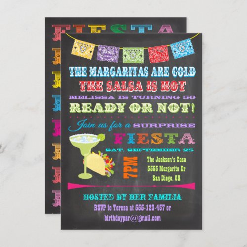 Chalkboard Mexican Fiesta Surprise Birthday Party Invitation