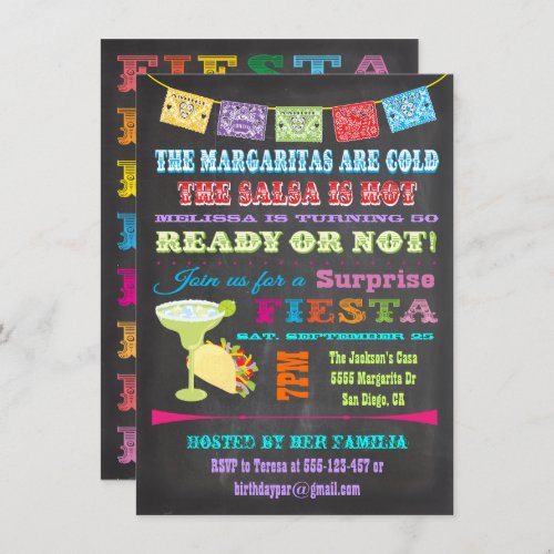 Chalkboard Mexican Fiesta Surprise Birthday Party Invitation
