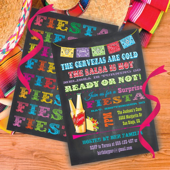 Chalkboard Mexican Fiesta Surprise Birthday Party Invitation (Creator Uploaded)