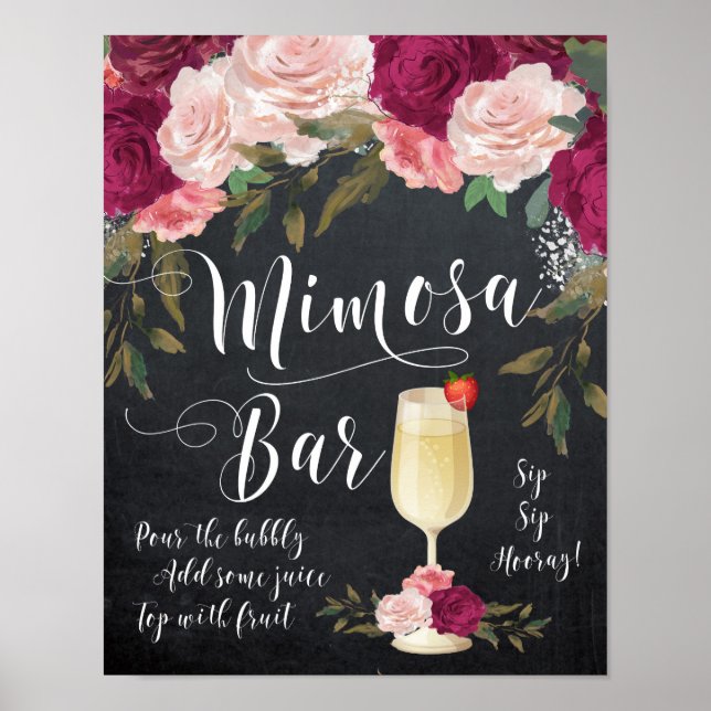 Chalkboard Mimosa Bar Sign burgundy floral (Front)