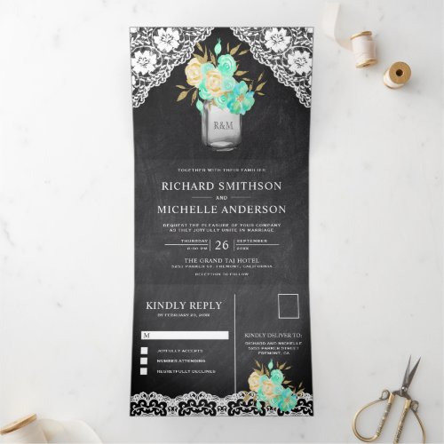 Chalkboard Mint Floral Mason Jar Lace Wedding Tri_Fold Invitation