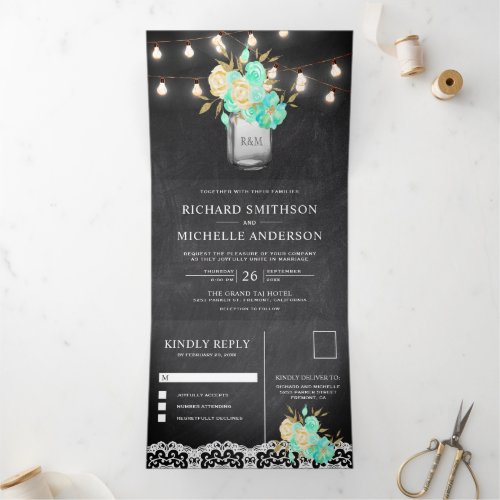 Chalkboard Mint Floral Mason Jar Lights Wedding Tri_Fold Invitation