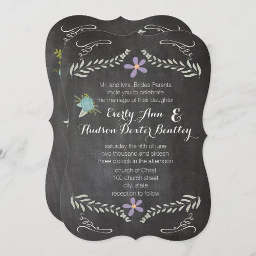 Chalkboard Mint Lilac Aqua Floral Garland Wedding Invitation
