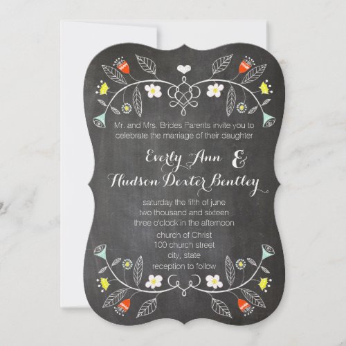 Chalkboard Mint Orange Floral Garland Wedding Invitation