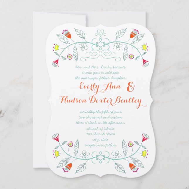 Chalkboard Mint Orange Red Floral Garland Wedding Invitation (Front)