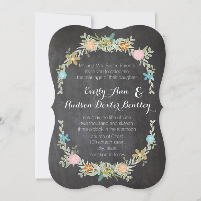 Chalkboard Mint Pink Aqua Floral Garland Wedding Invitation (Front)