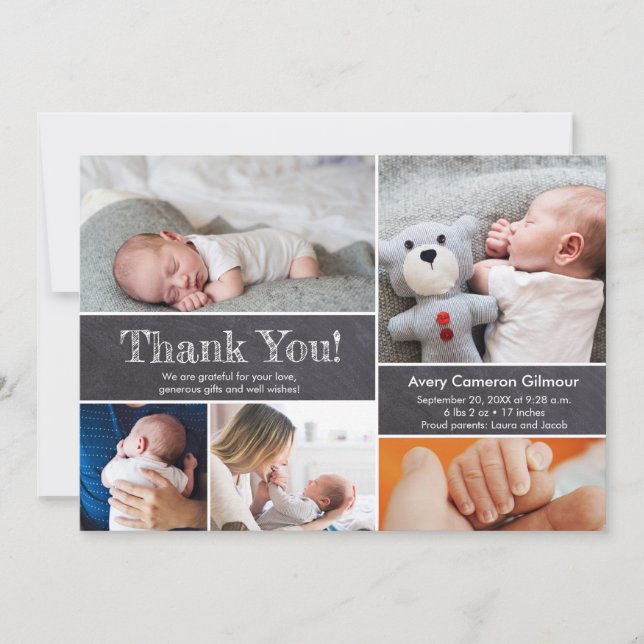 Chalkboard Modern Photos Baby Boy Thank you Card (Front)