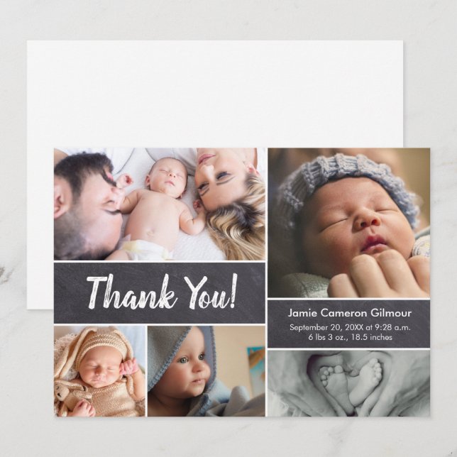 Chalkboard Modern Script Photos Baby boy Shower Th Announcement (Front/Back)