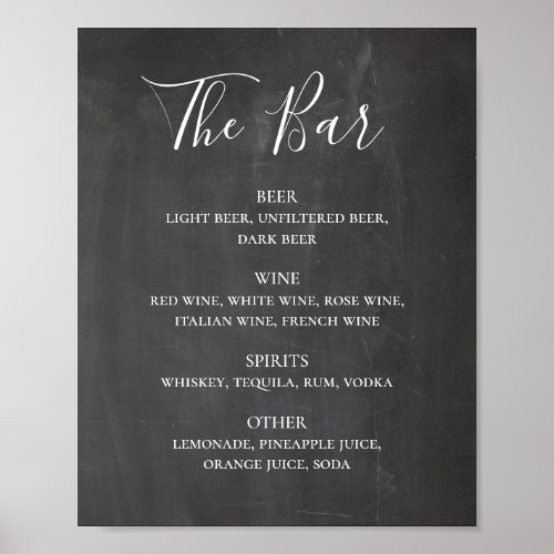Chalkboard modern script wedding alcohol drinks poster