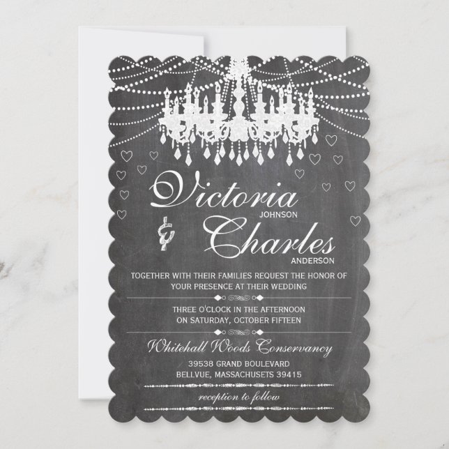 Chalkboard Modern Vintage Typography Chandelier Invitation (Front)