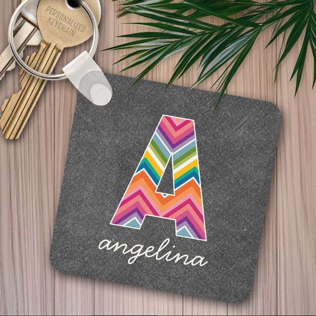 Chalkboard Monogram Letter A with Bright Chevrons Keychain (Personalized keychain - add a monogram and name)