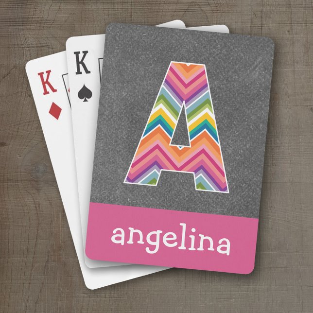 Chalkboard Monogram Letter A with Bright Chevrons Poker Cards (Personalized Playing Cards - Large Monogram)