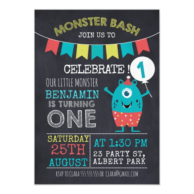 Chalkboard Monster 1sr Birthday Invitation