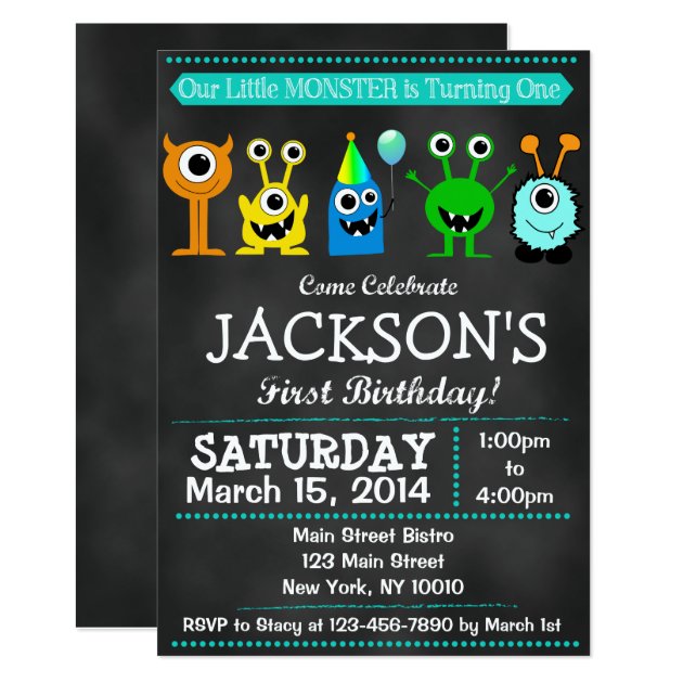 Chalkboard Monster First Birthday Invitation