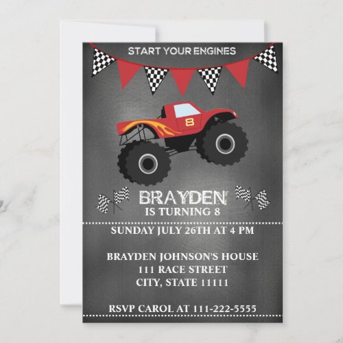 Chalkboard Monster Truck Birthday Invitation