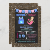 Chalkboard Monsters or Mermaids Gender Reveal Invitation