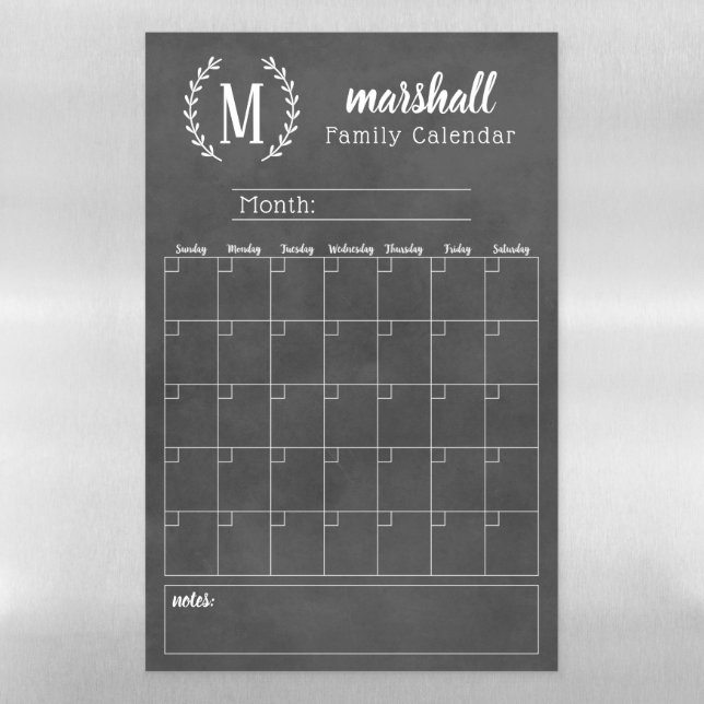 Chalkboard Monthly Family Monogram Calendar Magnetic Dry Erase Sheet (Vertical)