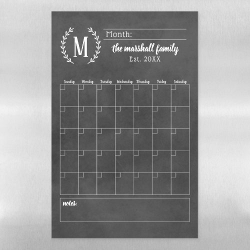 Chalkboard Monthly Family Monogram Calendar Magnetic Dry Erase Sheet