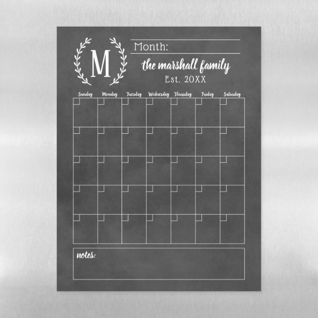 Chalkboard Monthly Family Monogram Calendar Magnetic Dry Erase Sheet (Vertical)