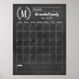 Chalkboard Monthly Family Monogram Calendar Poster