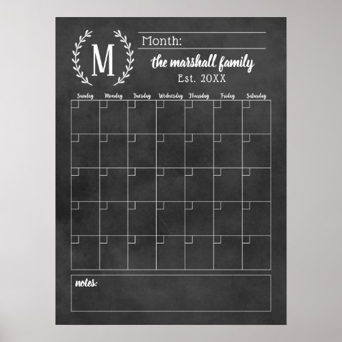 Chalkboard Monthly Family Monogram Calendar Poster