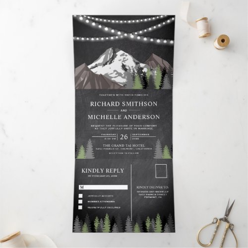 Chalkboard Mountain Forest String Lights Wedding Tri_Fold Invitation